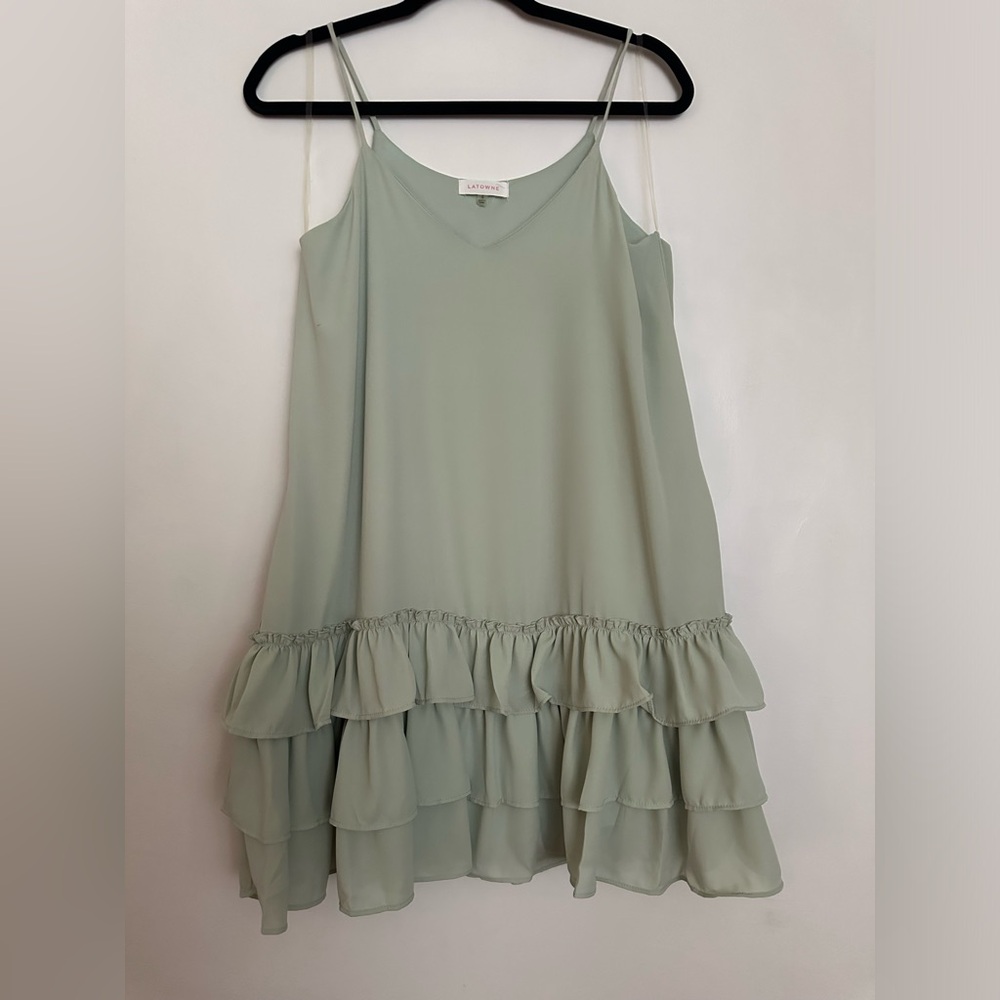 LATOWNE Green Tank Dress With Ruffle Hem